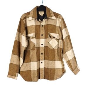 VTG K-MART Brown Plaid WOOL WORK BLEND SHIRT JACKET Barn Chore BUTTON-UP sz S
